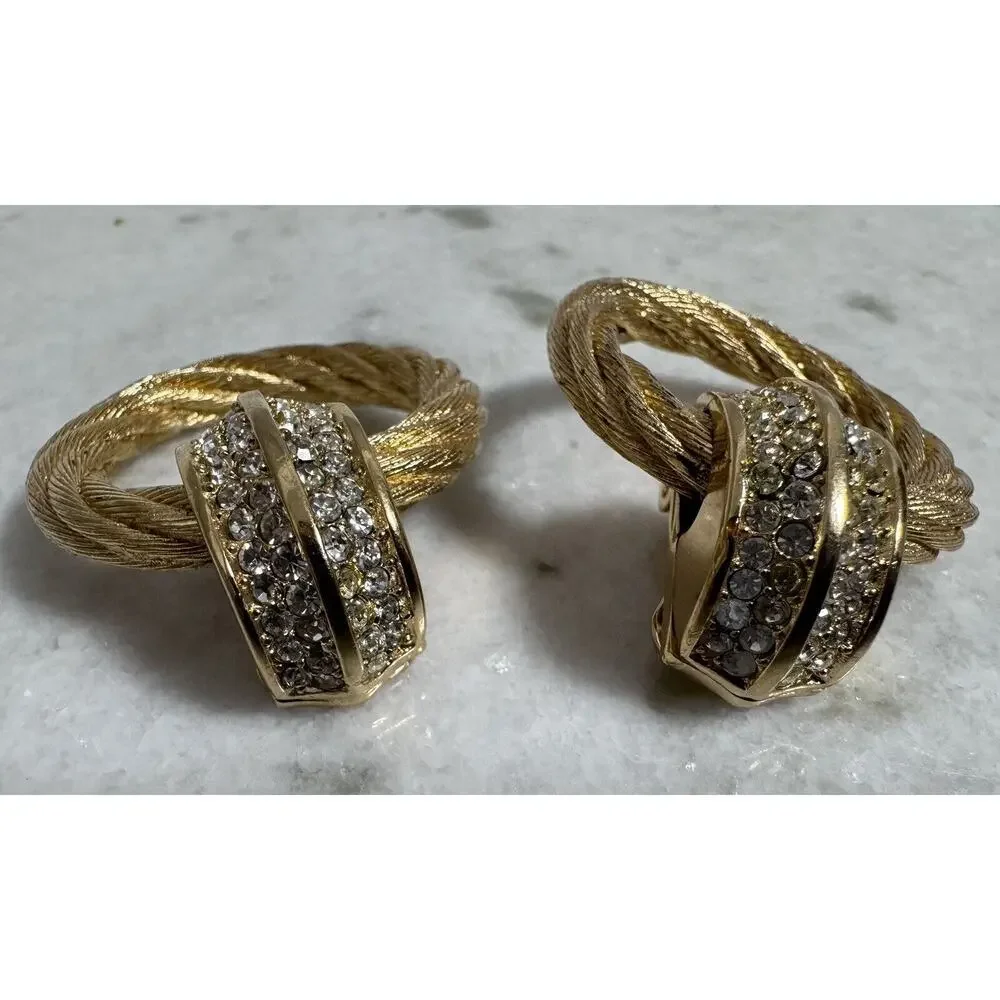 Vintage Auth Christian Dior Chunky Gold Tone Rhinestone Door knocker Earrings